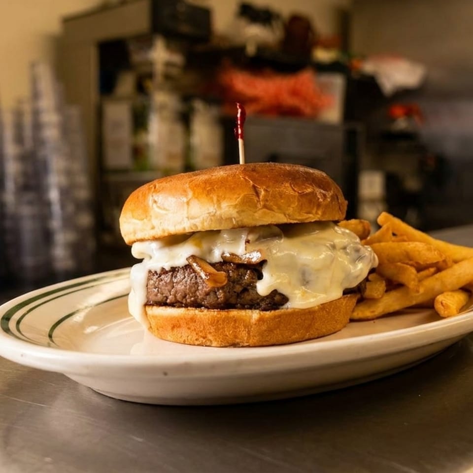 Cheeseburger with melted white cheese and caramelized onions, served with fries on a diner counter.