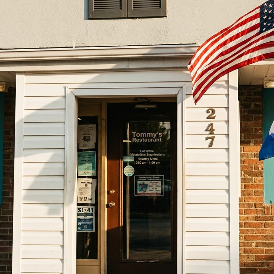Tommy's Restaurant exterior with an American flag and a blue and white flag flying.