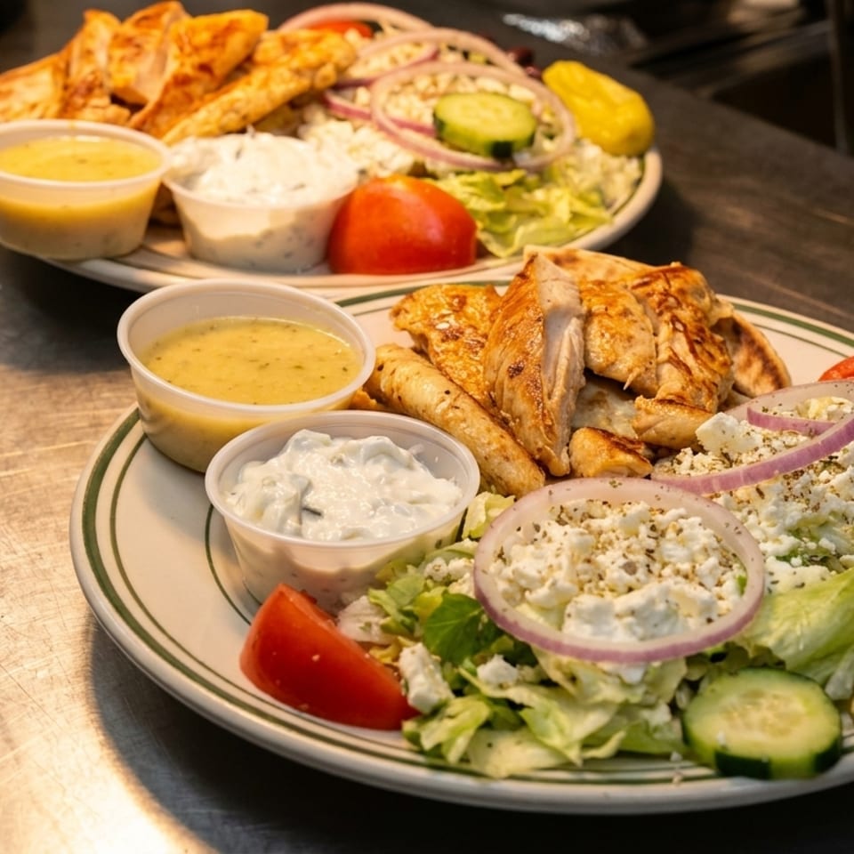 Two plates of grilled chicken, Greek salad with feta, and side sauces on a metal counter.