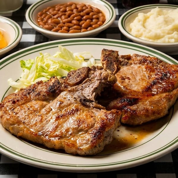 Two grilled pork chops with shredded lettuce, baked beans, mashed potatoes, and peaches on a checkered tablecloth.