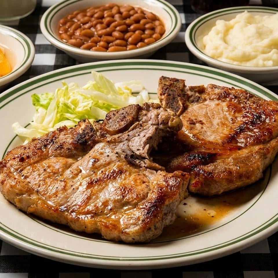 Two grilled pork chops with shredded lettuce, baked beans, mashed potatoes, and peaches on a checkered tablecloth.
