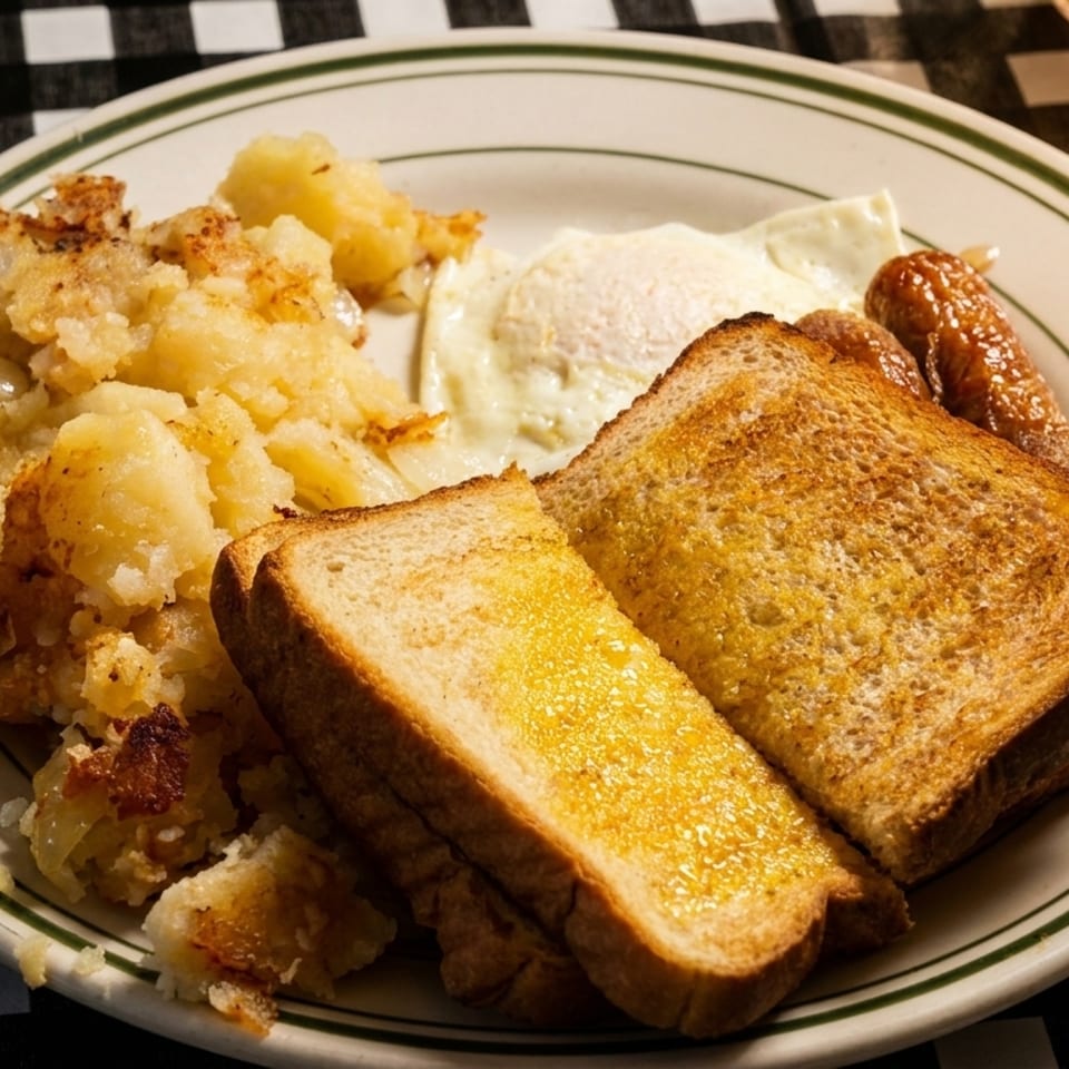 Breakfast plate with fried eggs, sausage, buttered toast, and home fries on a checkered tablecloth.