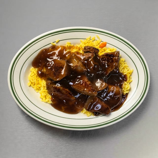 Marinated Beef Tips Over Rice Special.