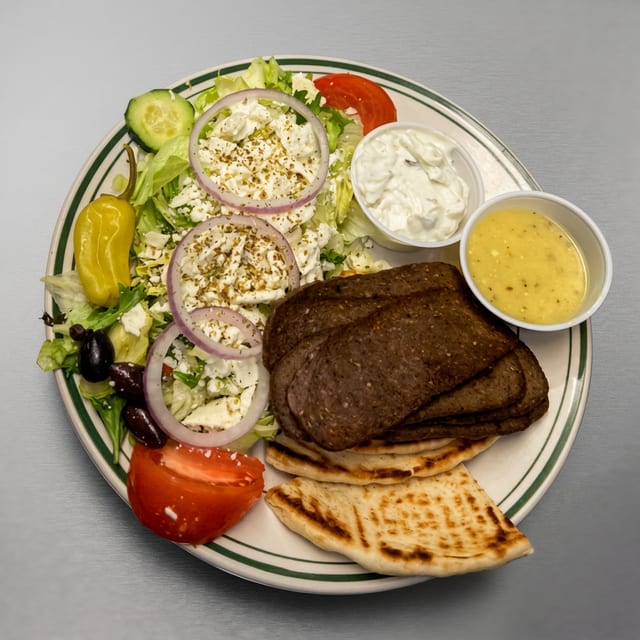 Lamb Gyro Plate with Fries & Greek Salad.